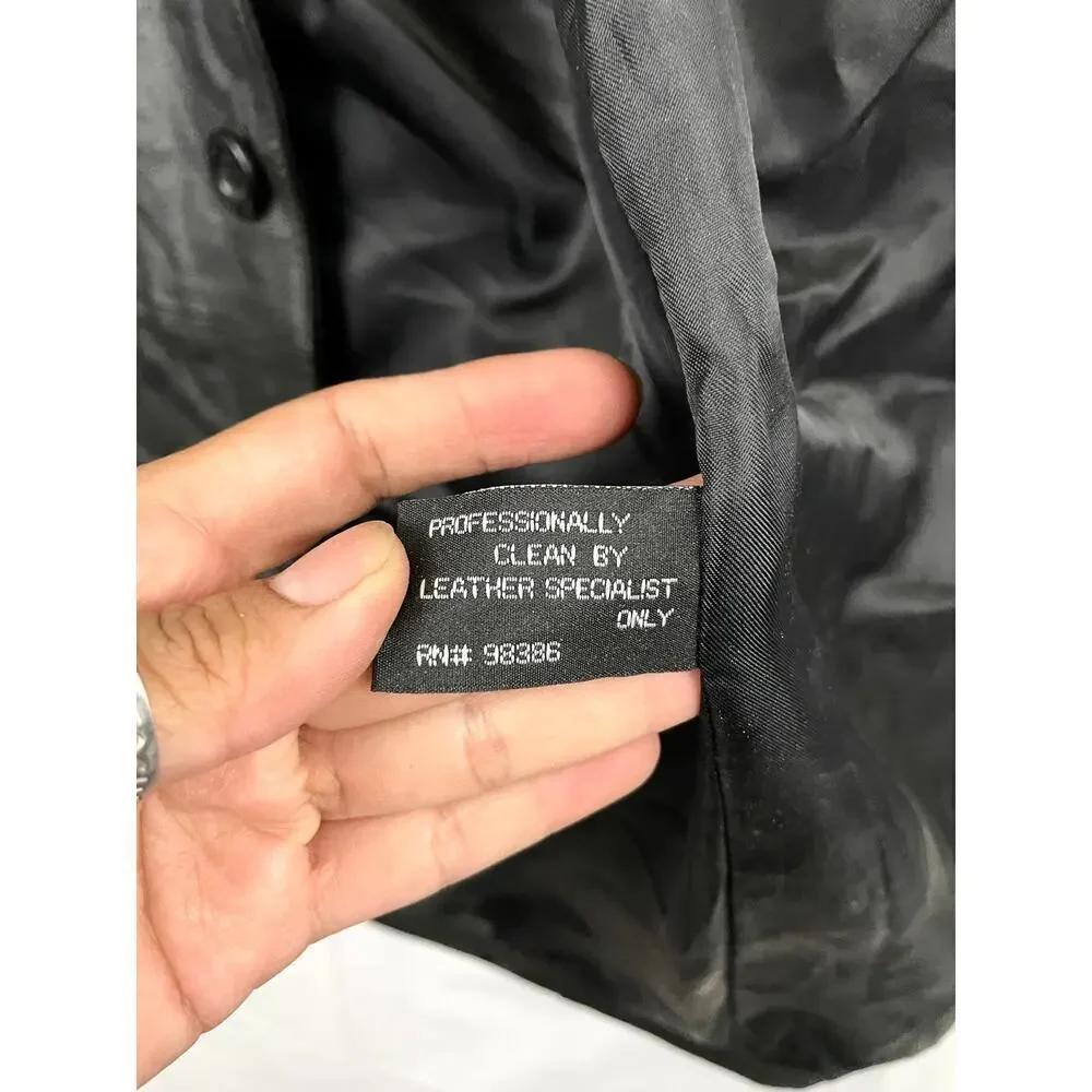 VTG Black Genuine Leather Jacket LARGE Lined Button Collar Lucky Leather Company